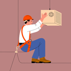 A dedicated construction worker dons safety gear while expertly installing a unit, highlighting the importance of safety and professionalism in the construction industry.