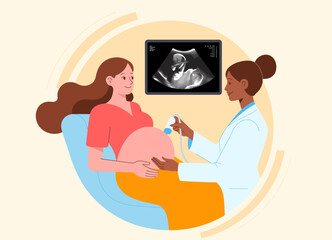 This illustration portrays a pregnant woman during an ultrasound appointment, capturing the joy and anticipation of expecting a child with medical care and support.