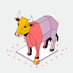 This unique geometric cow illustration combines abstract shapes and vibrant colors, showcasing a modern artistic approach to animal representation.