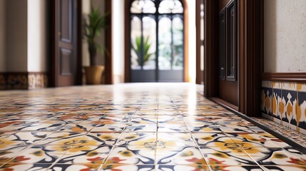 Closeup view of ornate, colorful antique hydraulic cement floor tiles leading towards a dark, arched doorway in a historic building interior
