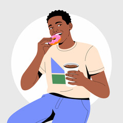 A cheerful individual enjoying a pink frosted donut and a cup of coffee, representing a happy moment of indulging in sweet treats and simple pleasures in life.