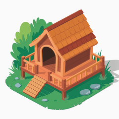 A rustic wooden dog house sits surrounded by lush greenery, creating a cozy and inviting space for pets, showcasing the bond between animals and their homes.