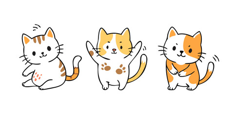 Cute and funny cats doodle vector set. Cartoon cat or kitten characters design collection with flat color in different poses. Set of purebred pet animals isolated on white background