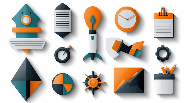 A collection of various colorful 3D icons, including a clock, rocket, and notepad, arranged on a white background.