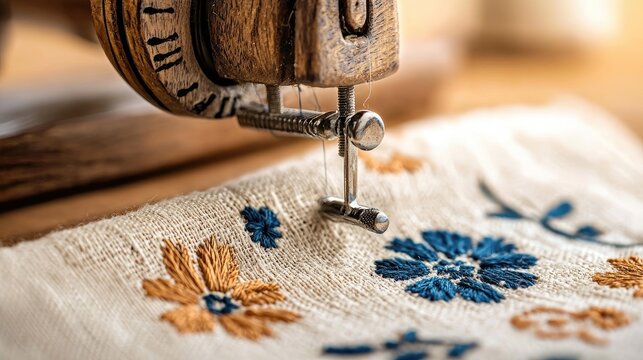 Close-up of a vintage sewing machine stitching embroidered fabric, showcasing detailed craftsmanship and warm, soft lighting.
