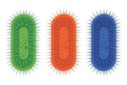 Three colorful bacteria cells with spiky outer membranes on white background