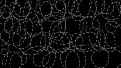 Empty horizontal banner with tangled sharp barbed wire. Vector banner isolated on black background