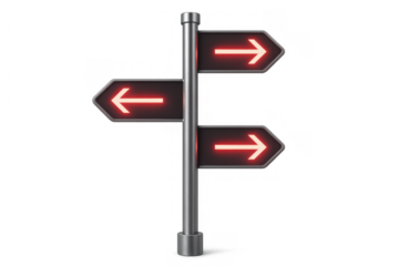 Signpost with red neon arrows providing direction options, guiding a path, decision making, and future navigation