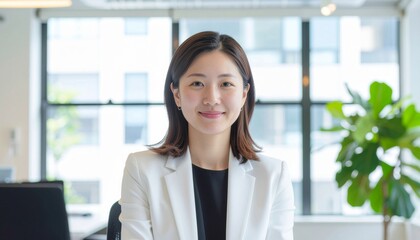Young professional Asian woman sitting for a job interview in a creative and modern office interior.