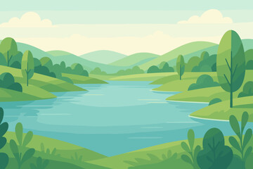 Calm river flows between soft green hills. Gentle colors create peaceful relaxing atmosphere. Light sky forms bright natural scenery