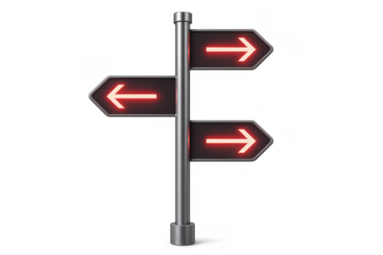 Signpost with red neon arrows providing direction options, guiding a path, decision making, and future navigation