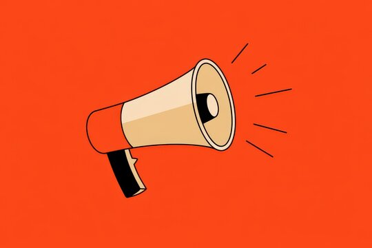 Vintage megaphone with sound waves on a bright orange background