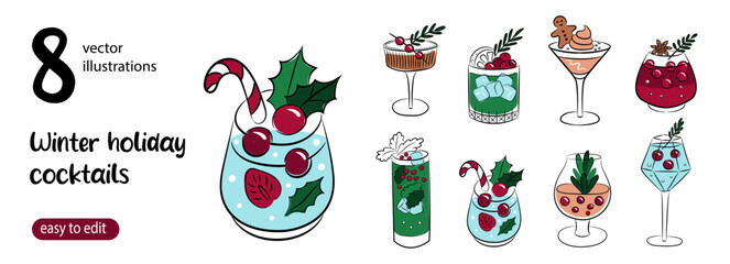 Set of winter holiday cocktails with decoration. Christmas and New Year's drinks in glasses of various shapes. Colorful illustrations in doodle sketch style. 