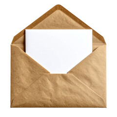 Open brown envelope with white card inside against black background