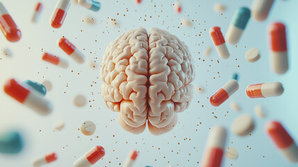Scientific illustration of a brain surrounded by floating capsules and pills