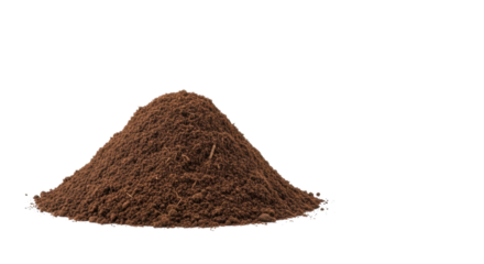 A perfectly sculpted, pristine mound of dark brown, nutrient-rich soil with visible organic particles, in a studio on a transparent background, concept of foundational growth