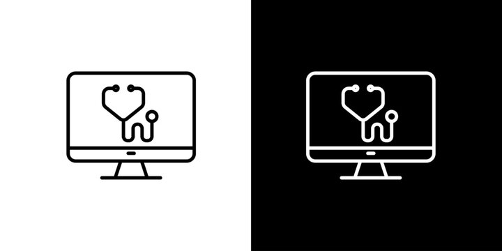 Online Medical Diagnosis Concept Computer Screen with Stethoscope Line Icon