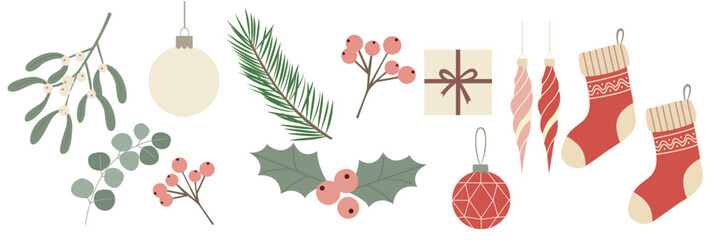 Holiday Season Decorative Elements Baubles, Holly, Mistletoe, and Stockings