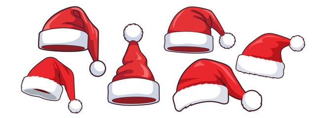 A festive collection of classic red and white Santa hats, perfect for holiday celebrations and winter-themed designs