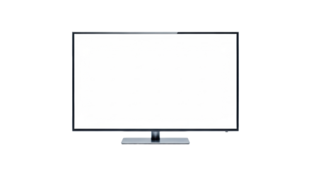 A sleek modern LCD television with matte black casing, illuminated white screen, on a reflective surface in a minimalist studio with negative space, concept of innovation and potential