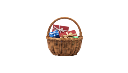 Wicker basket full of gifts on white background
