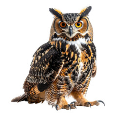 Majestic horned owl with striking orange eyes perched alertly