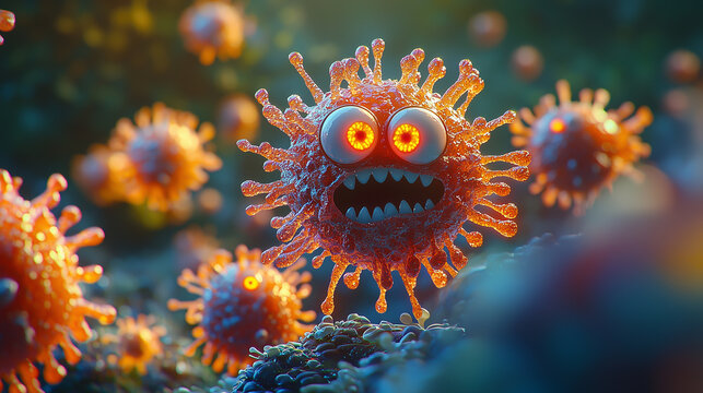 Colorful virus characters in a vibrant microscopic world during nighttime