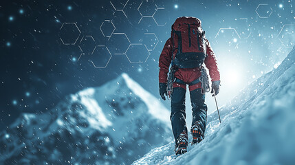 Climber ascending steep snowy mountain under snowfall during twilight hours