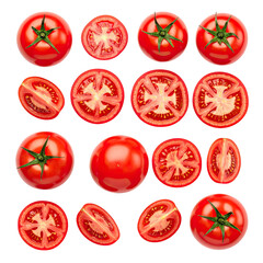 Fresh tomatoes, whole & sliced, showcased on a black background