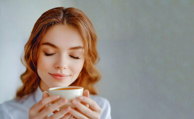 Young Red-Haired European Girl Enjoying the Aroma of Hot Tea with Eyes Closed - Banner Background Mockup