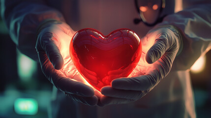 Medical professional holds glowing heart symbol in hands during treatment