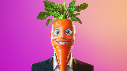 Unique character with carrot head and suit posing against vibrant background