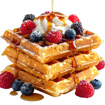 A tall stack of golden waffles topped with whipped cream, fresh berries, and drizzled with syrup.
