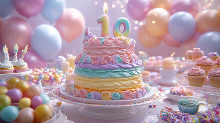 Colorful birthday celebration with a stunning cake and festive decorations