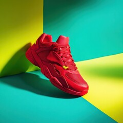 Bright red athletic shoe on bold colorful background