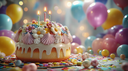 Colorful birthday cake decorated with flowers at a festive celebration