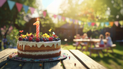 Birthday celebration featuring a colorful cake and joyful gathering outdoors