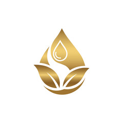 Golden Droplet with Leaves for Natural Beauty and Organic Wellness Brand