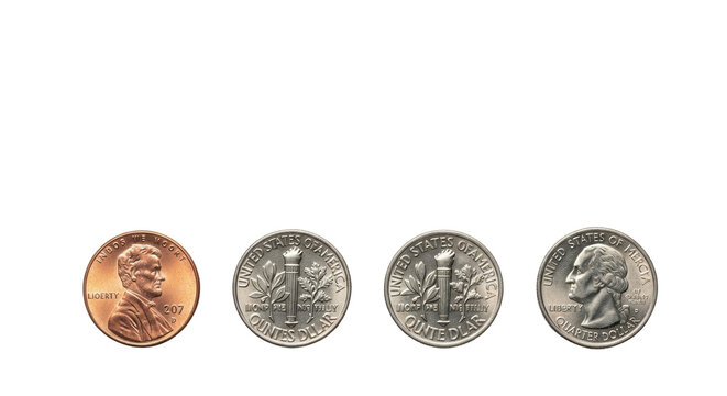 Four pristine US coins: copper penny, silver-colored nickel, dime, quarter, precisely on a transparent surface with copy space, top-down view, sharp focus, bright studio light. Financial clarity and