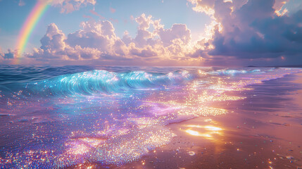 Waves sparkle under rainbow skies at a tranquil seaside location