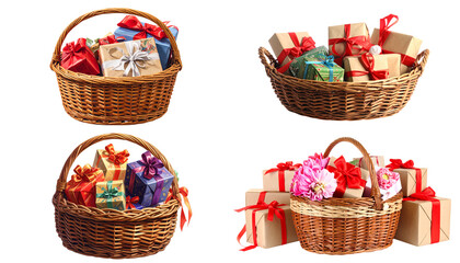 Wicker basket full of gifts on white background