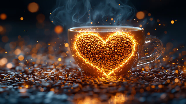Coffee cup with heart-shaped coffee beans surrounded by steam at night