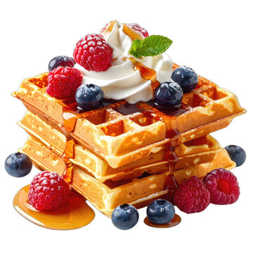 A decadent stack of golden waffles topped with whipped cream, fresh berries, and drizzled maple syrup.