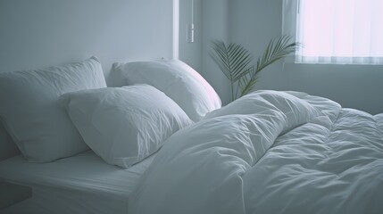 Serene morning light softly illuminating a luxurious white bedding scene, perfect for evoking calm and relaxation in home decor ads or hospitality promotions