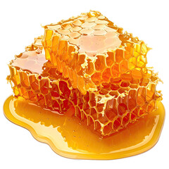 Fresh honeycomb chunks dripping with golden honey on black background