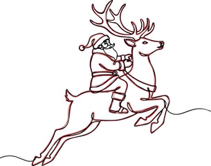 Create One continuous line drawing of christmas reindeer and Santa Claus. Wild animal deer with antlers is dynamic silhouette in simple linear style. Elegance editable stroke. Doodle vector illustrati