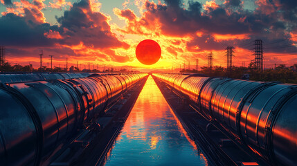 Sunset reflections along a canal with pipelines under dramatic clouds