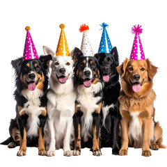 Party dogs wear colorful birthday hats, sitting side-by-side, smiling