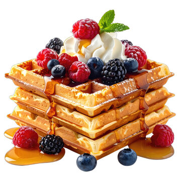 A tempting stack of four golden waffles lavishly topped with whipped cream, mixed berries, and dripping maple syrup against a dark background.