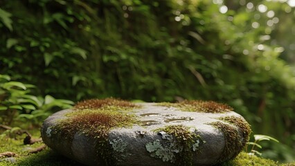 Mossy Stone Altar Natures Offering in a Lush with Green Sanctuary.